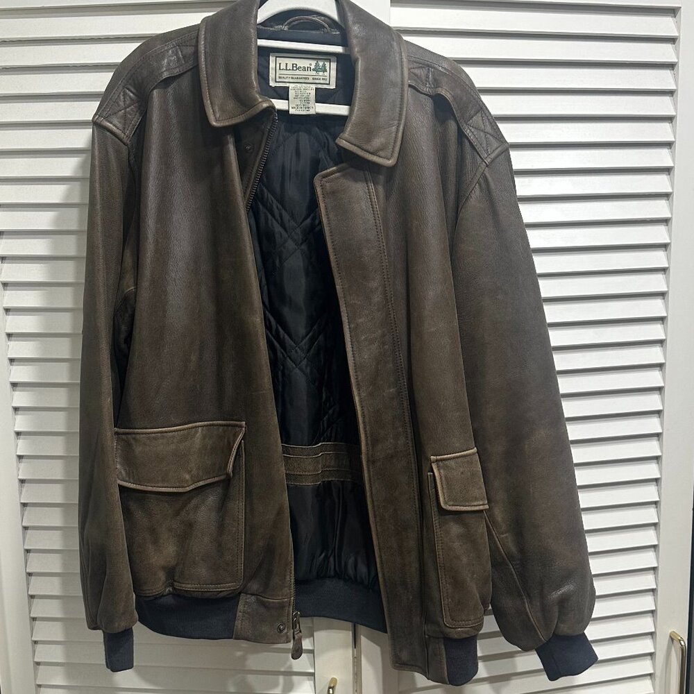 LL Bean Mens Vintage Goatskin Leather Bomber Jacket